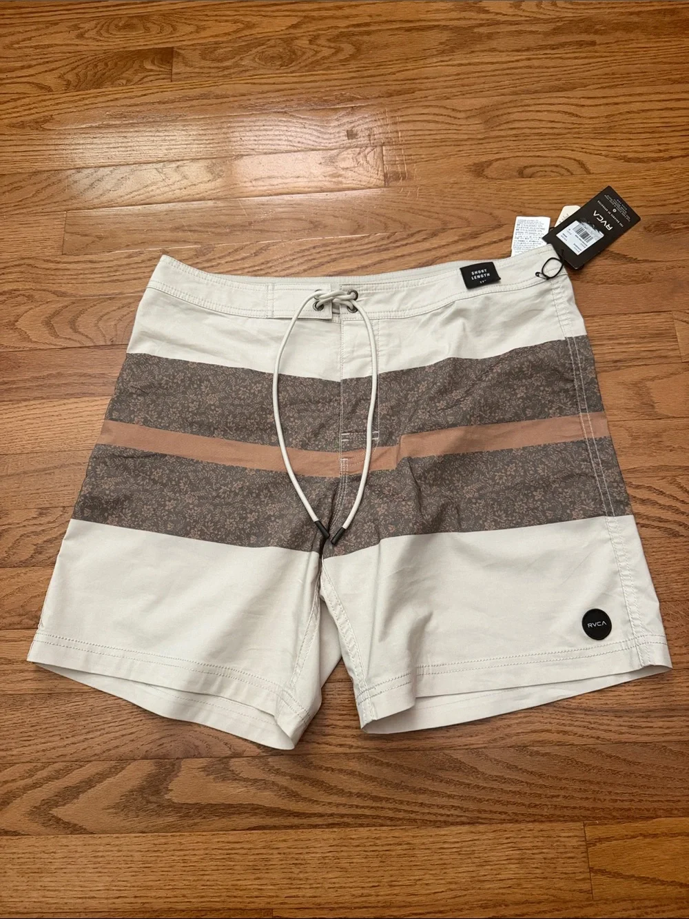 RVCA Men’s Cream Swim Shorts with Brown Stripe Accents